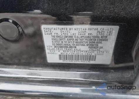 2021 Nissan Versa Sv Xtronic Cvt from USA, damaged, VIN 3N1CN8EV2ML885136